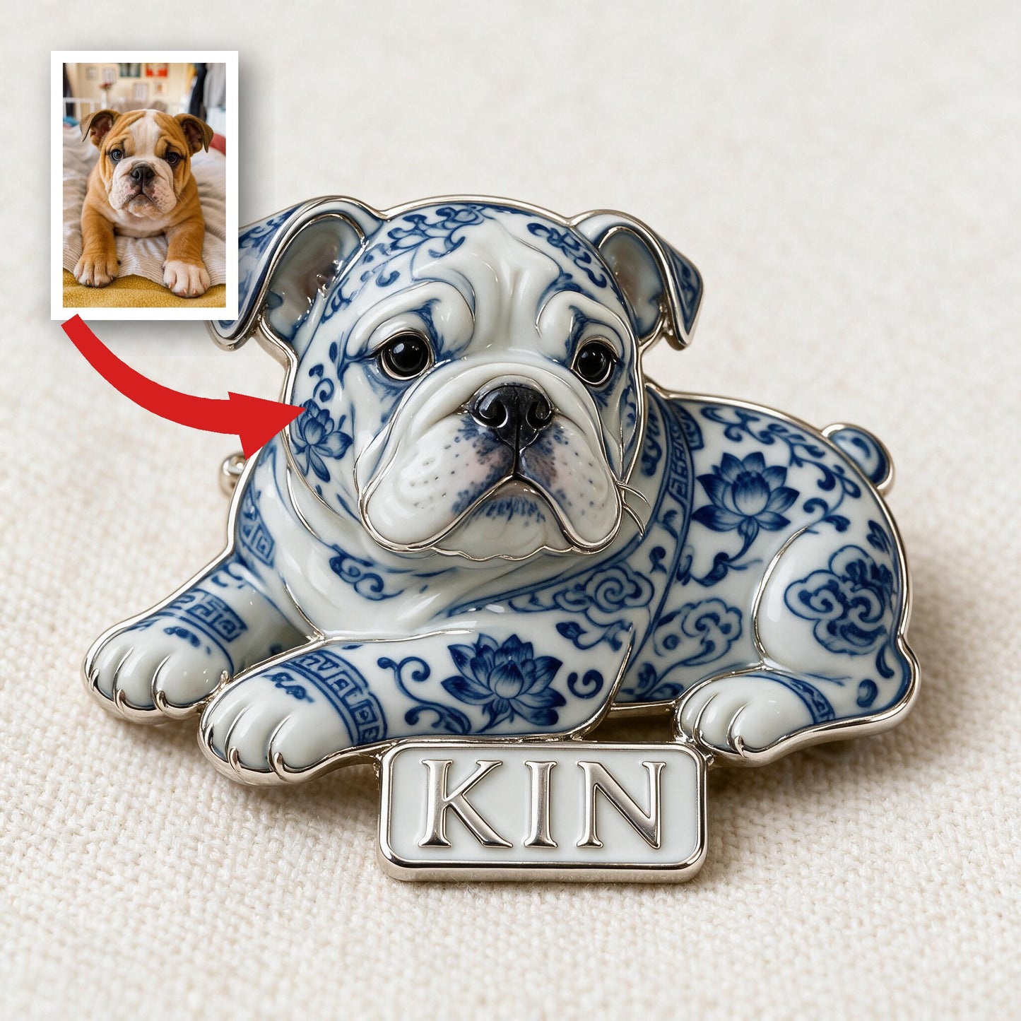 Personalized Blue & White Porcelain English Bulldog 3D Embossed Enamel Pin, Dog Lover Gift Accessory