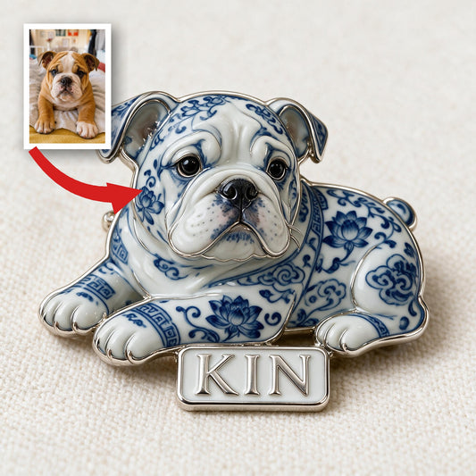 Personalized Blue & White Porcelain English Bulldog 3D Embossed Enamel Pin, Dog Lover Gift Accessory