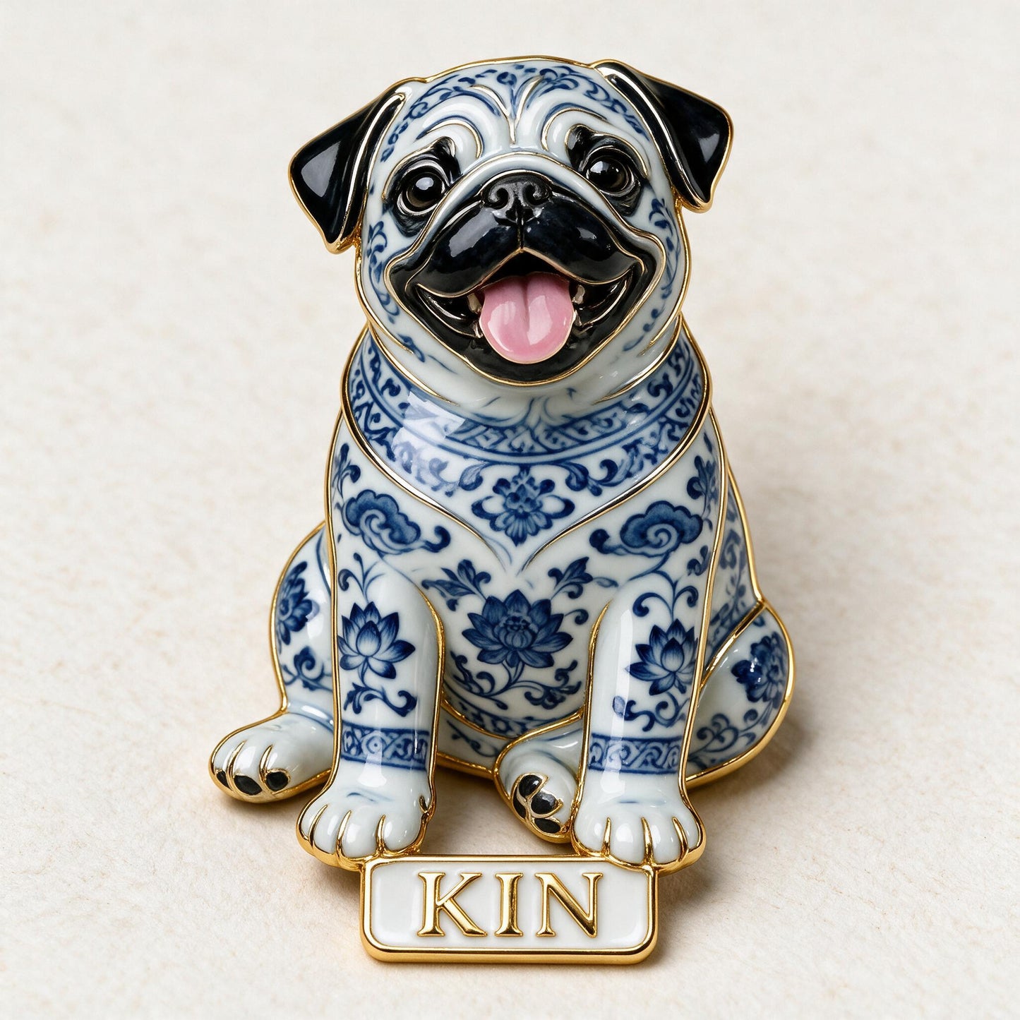 Personalized Blue and White Porcelain Sitting Pug 3D Embossed Enamel Pin, Cute Pug Owner Gift Accessory for Jackets Bags and Collections