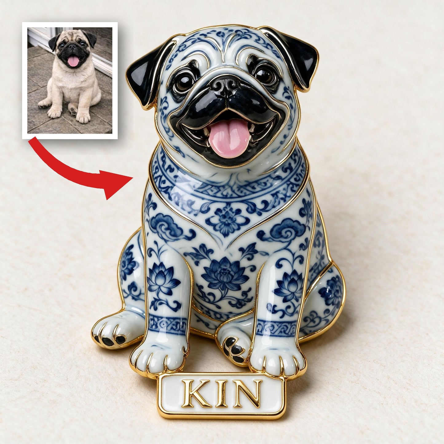 Personalized Blue and White Porcelain Sitting Pug 3D Embossed Enamel Pin, Cute Pug Owner Gift Accessory for Jackets Bags and Collections