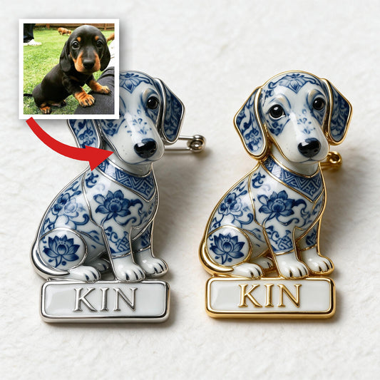 Personalized Blue & White Porcelain Dachshund 3D Embossed Enamel Pin, Cute Gift for Dachshund Dog Lovers