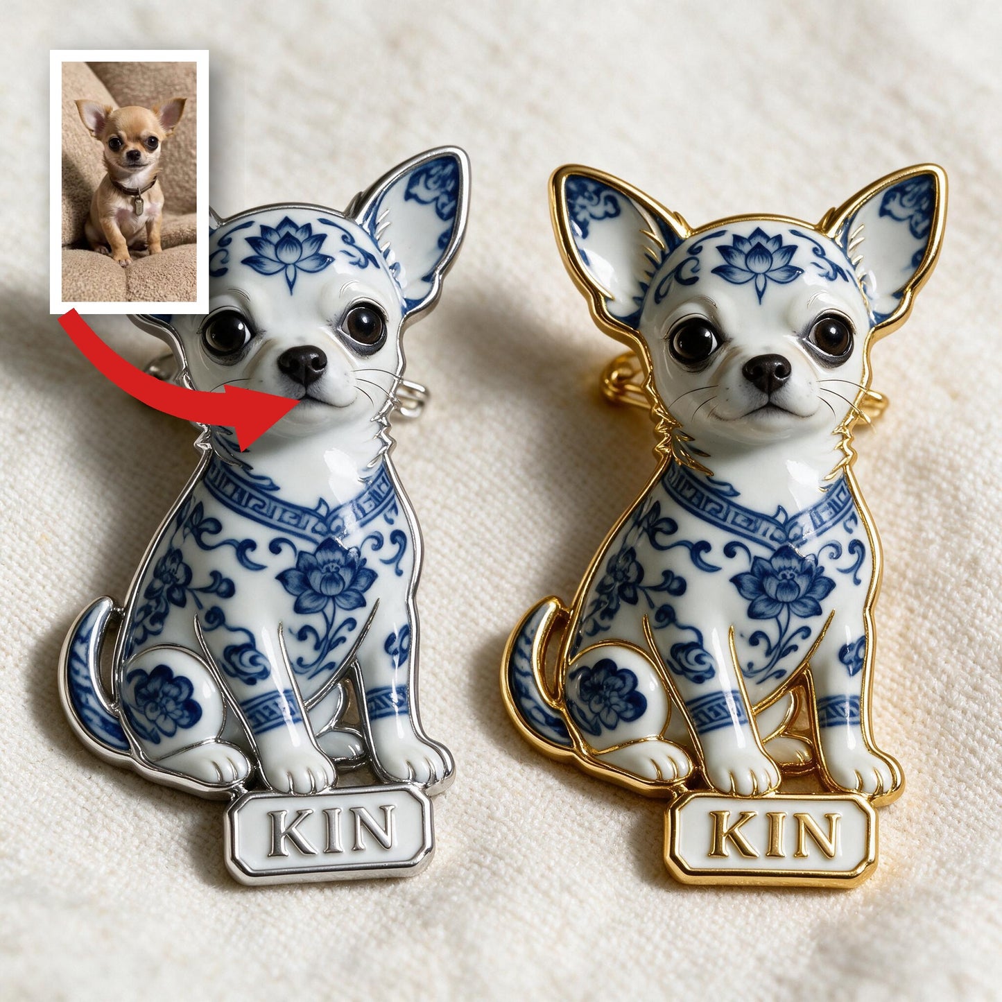 Personalized Blue & White Porcelain Chihuahua 3D Embossed Enamel Pin, Cute Custom Gift for Chihuahua Dog Lovers