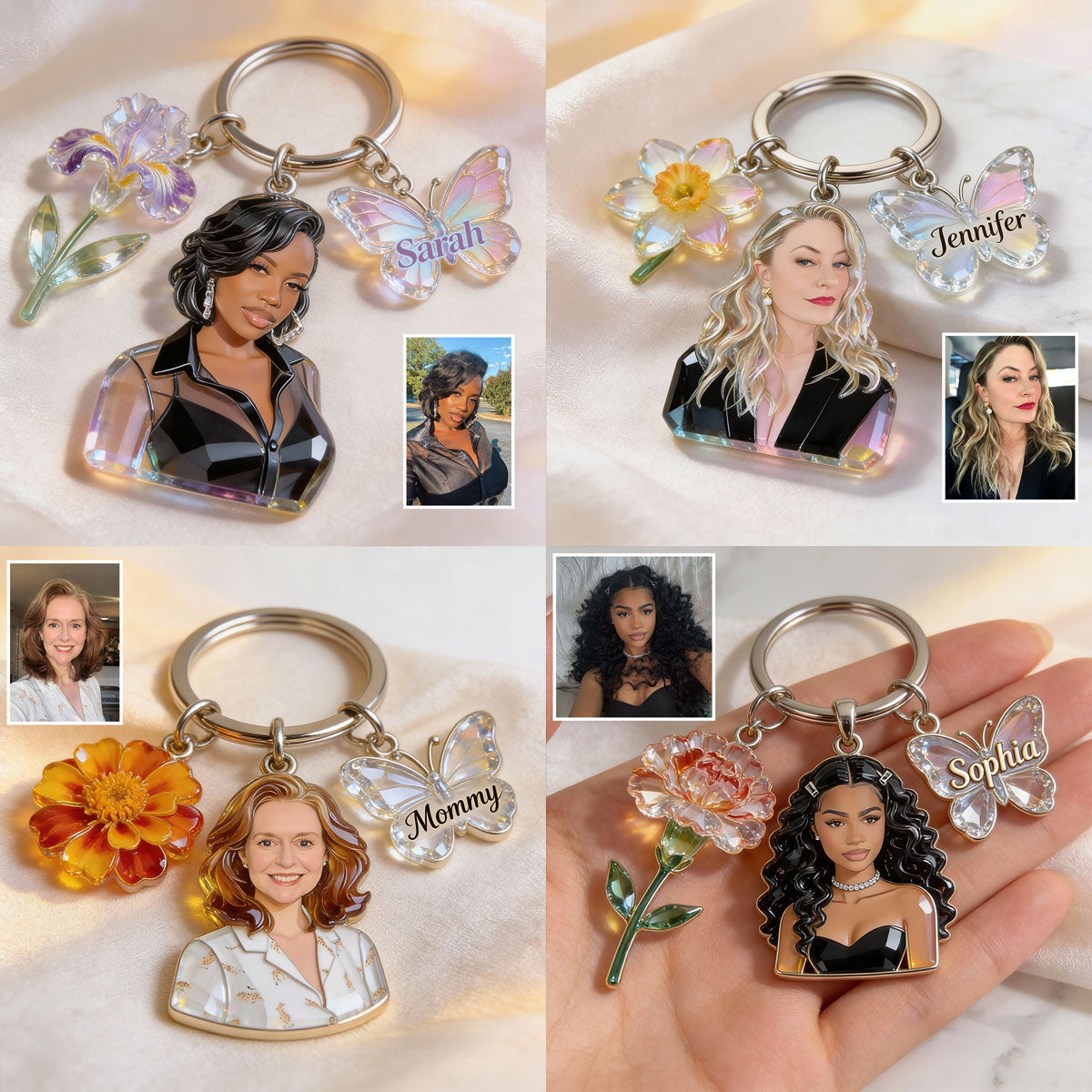 Personalized Grandma Portrait Keychain with Rose Butterfly Charms, Custom Sentimental Gift for Grandmother Keepsake