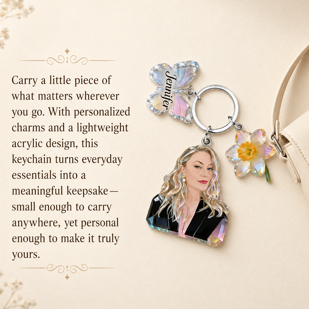 Personalized Custom Adult Woman Portrait Keychain, Custom Photo Name Rose & Butterfly Charm Self Love Gift
