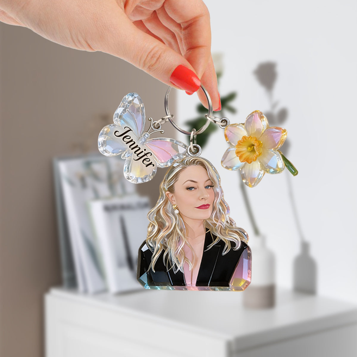 Personalized Crystal Latina Grandma Portrait Keychain - Custom Name Rose Butterfly Charm Sentimental Gift for Grandmother