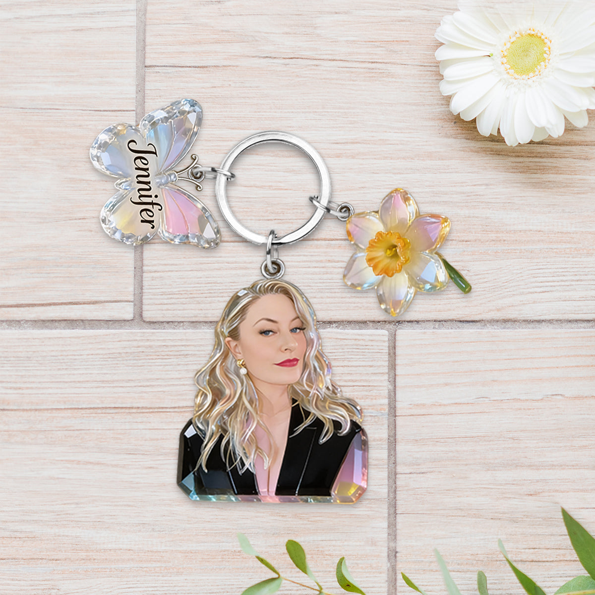 Personalized Black Mom Portrait Keychain - Custom Keepsake Gift For Grandma With Peony, Butterfly and Name Charms
