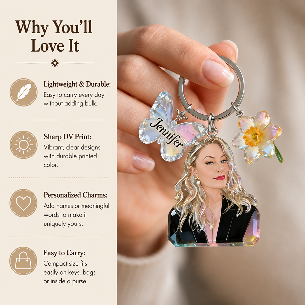 Personalized Custom Adult Woman Portrait Keychain, Custom Photo Name Rose & Butterfly Charm Self Love Gift