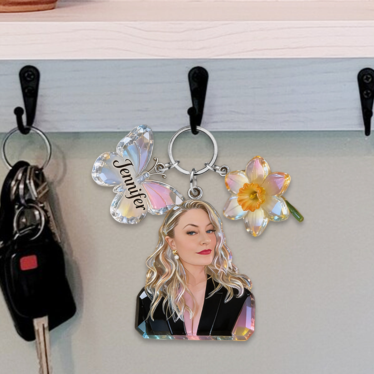 Personalized Custom Adult Woman Portrait Keychain, Custom Photo Name Rose & Butterfly Charm Self Love Gift