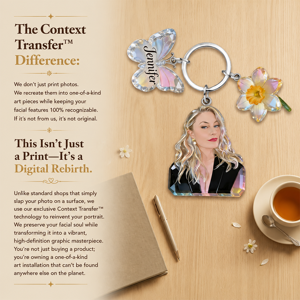 Personalized Custom Adult Woman Portrait Keychain, Custom Photo Name Rose & Butterfly Charm Self Love Gift