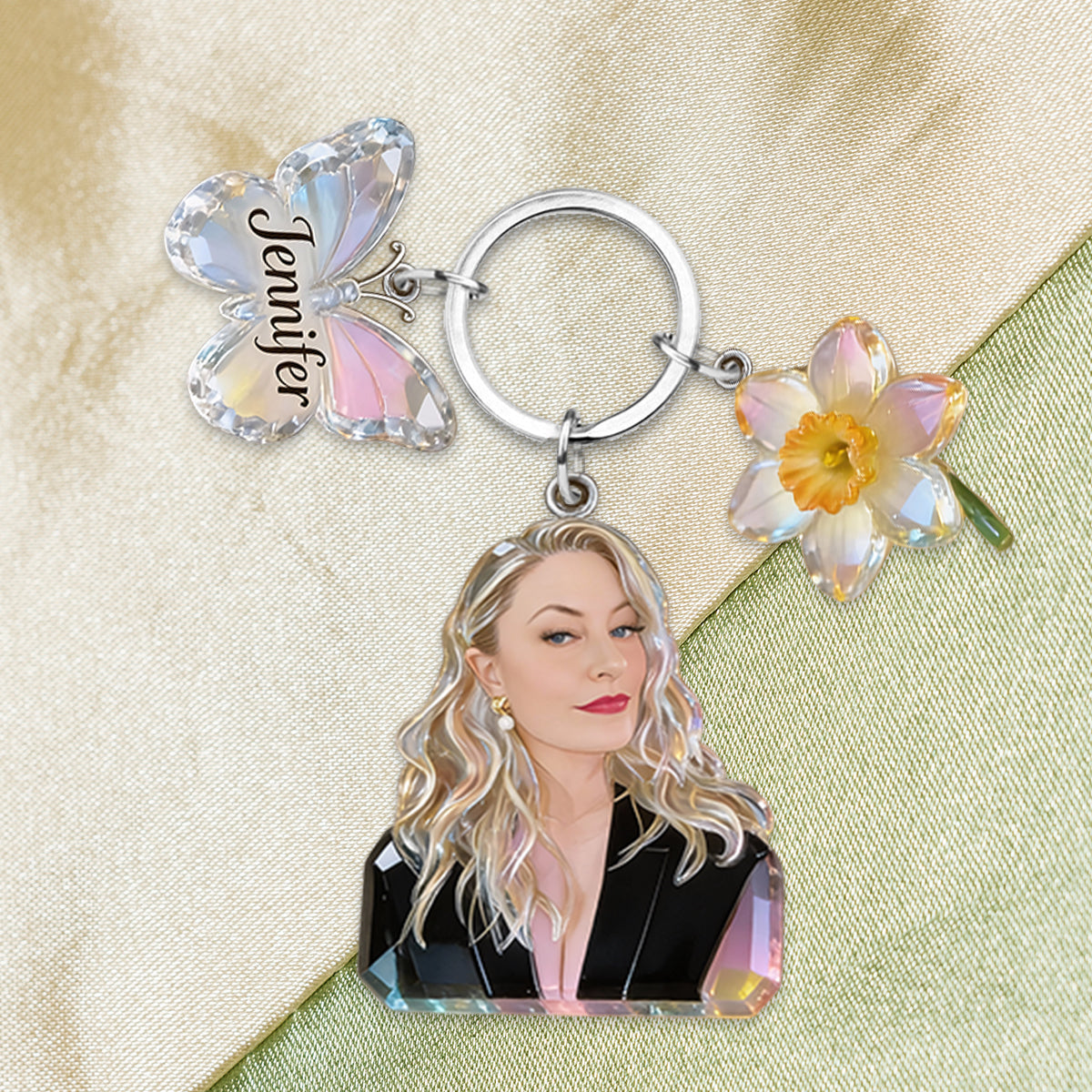 Personalized Custom Adult Woman Portrait Keychain, Custom Photo Name Rose & Butterfly Charm Self Love Gift