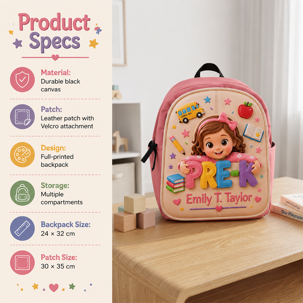 Personalized Curly Haired Little Boy Pre-K Backpack, Custom Back To School Gift for Kids, Removable Leather Patch School Bag