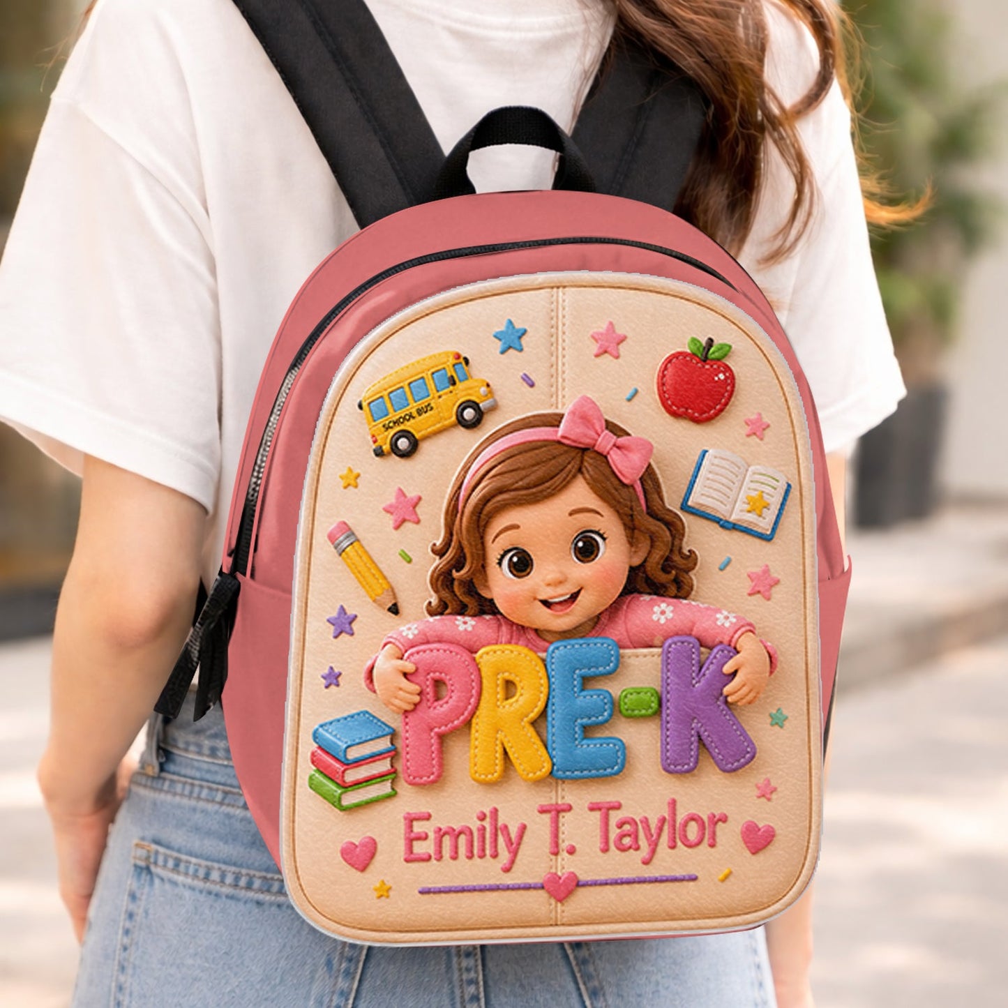 Personalized Curly Haired Little Boy Pre-K Backpack, Custom Back To School Gift for Kids, Removable Leather Patch School Bag