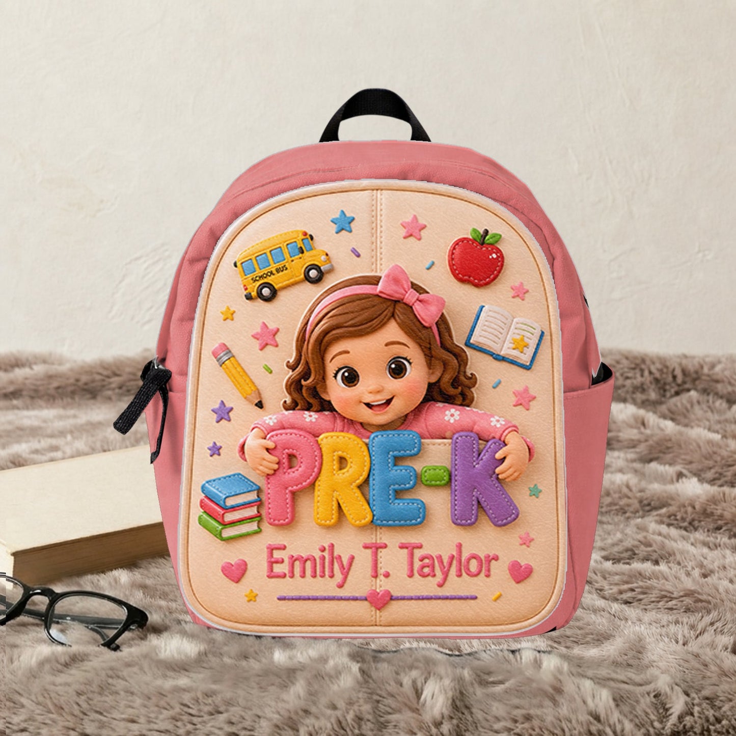 Personalized Little Pre-K Boy 3D Leather Patch Backpack | Cute Custom Back To School Gift For Toddler Black Kids
