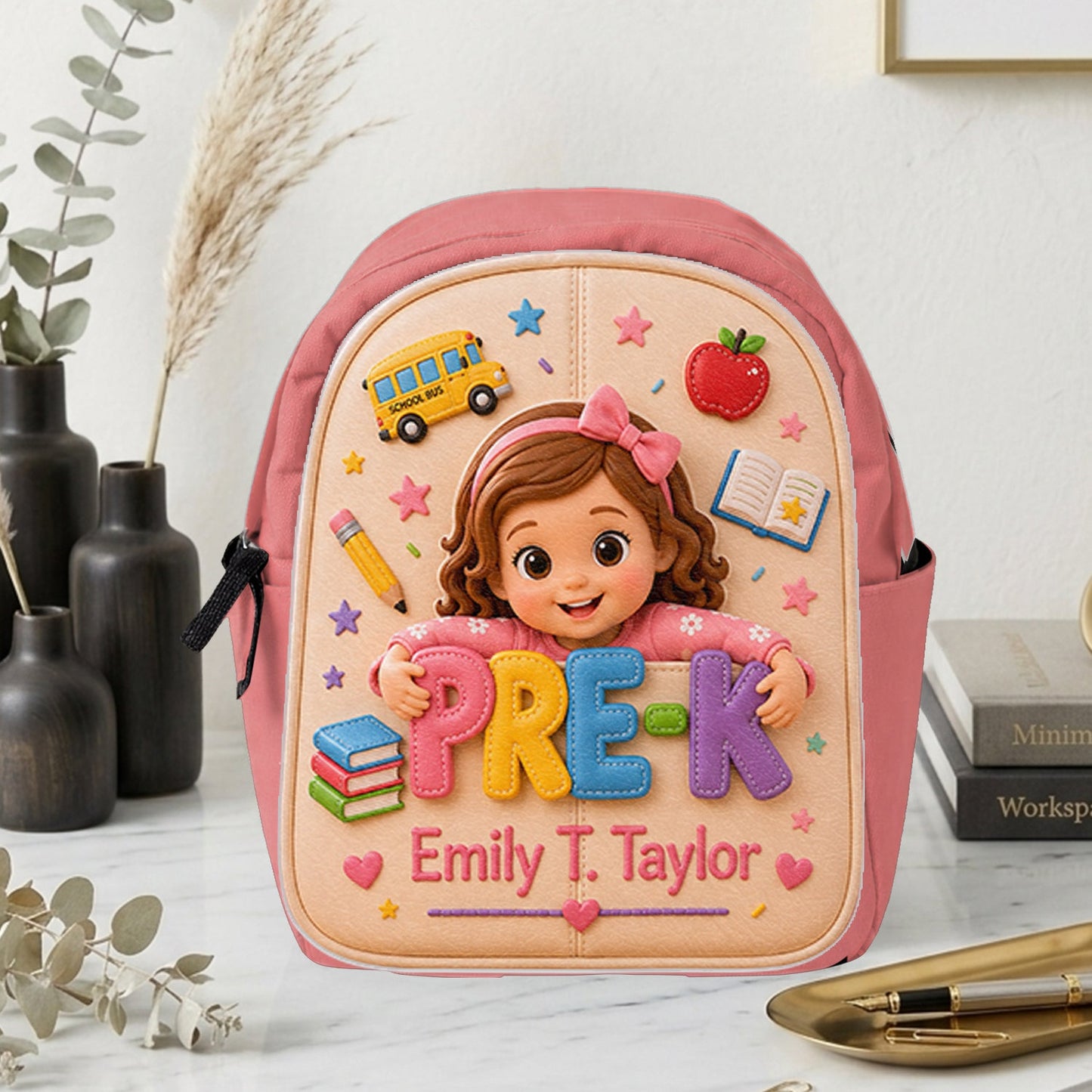 Cute Personalized Little Girl Pre-K Backpack, Custom Name Leather Patch Back to School Gift for Kids