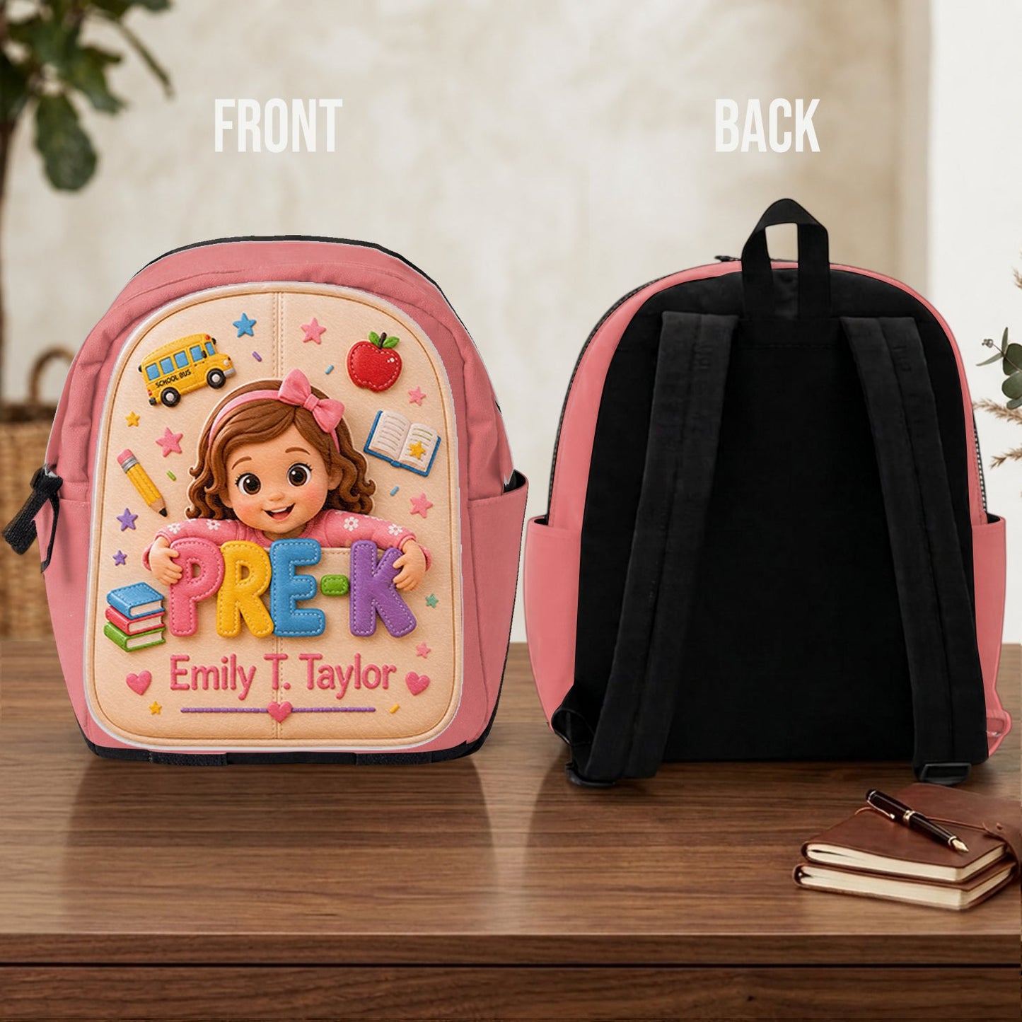 Personalized Little Pre-K Boy 3D Leather Patch Backpack | Cute Custom Back To School Gift For Toddler Black Kids