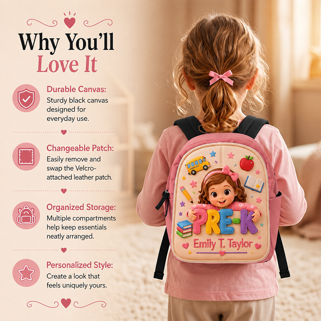 Personalized Curly Haired Little Boy Pre-K Backpack, Custom Back To School Gift for Kids, Removable Leather Patch School Bag