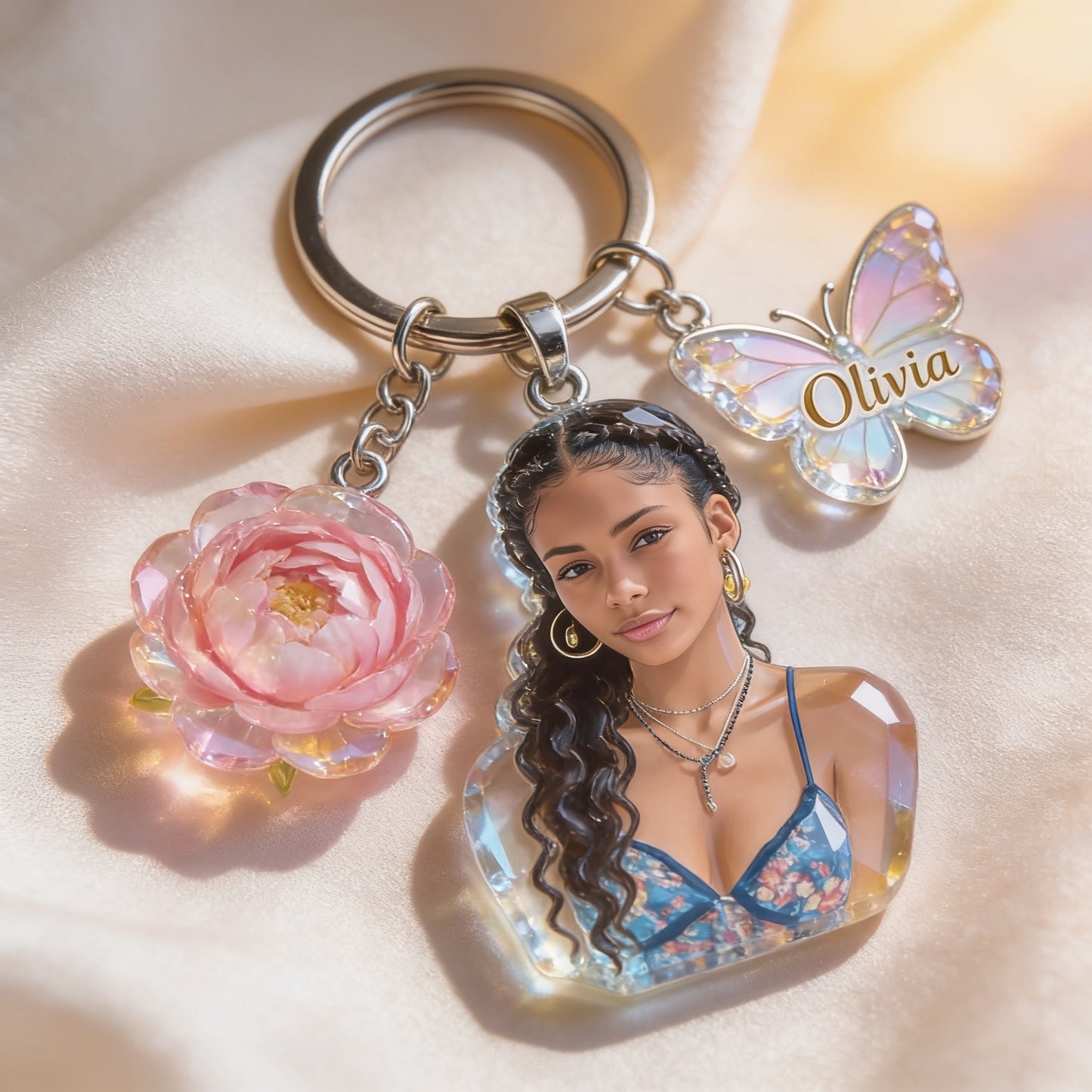 Personalized Latin Woman Portrait Acrylic Keychain Custom Name Peony Butterfly Charm Self Love Gift for Her