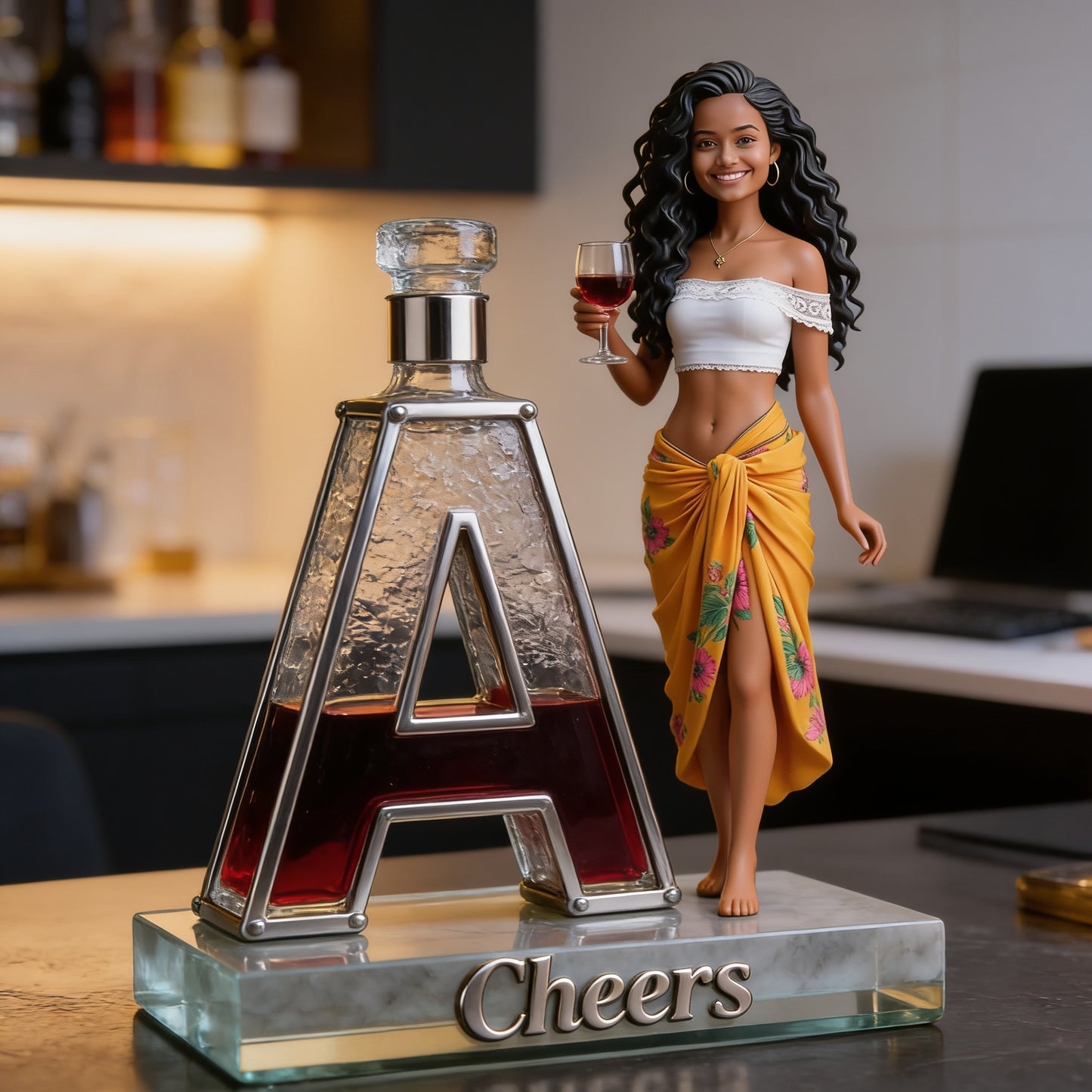 Custom Shaped Acrylic Plaque - Elegant Smiling Adult Latina Women with Wine Glass, Cheers Themed Home Bar Decor Gift for Wine Lovers