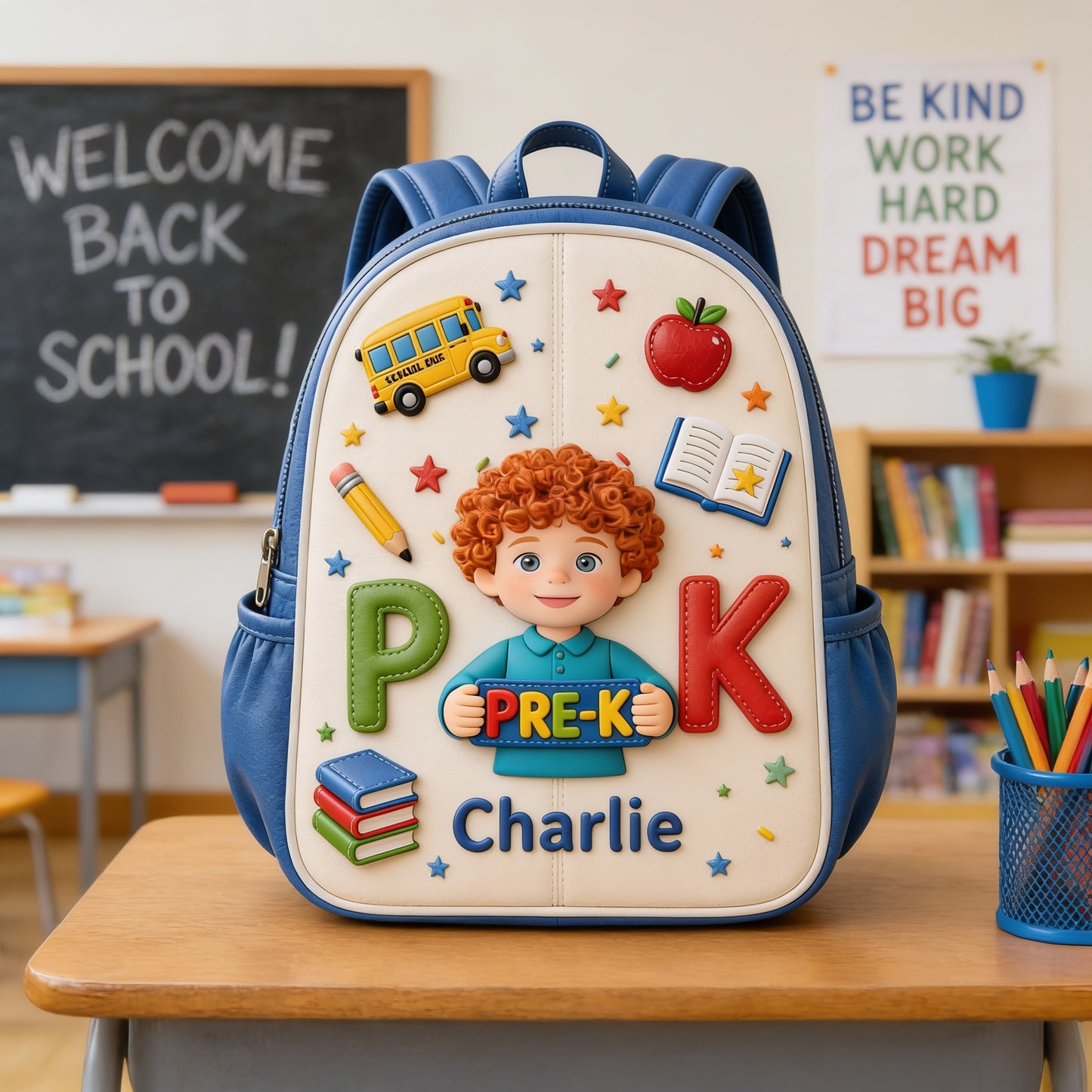 Personalized Curly Haired Little Boy Pre-K Backpack, Custom Back To School Gift for Kids, Removable Leather Patch School Bag