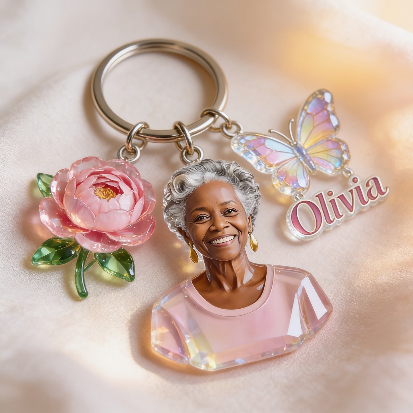 Personalized Black Mom Portrait Keychain - Custom Keepsake Gift For Grandma With Peony, Butterfly and Name Charms