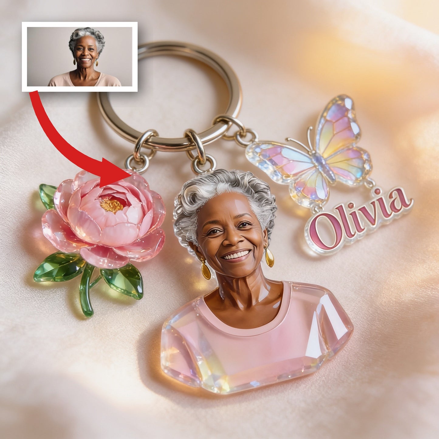 Personalized Black Mom Portrait Keychain - Custom Keepsake Gift For Grandma With Peony, Butterfly and Name Charms