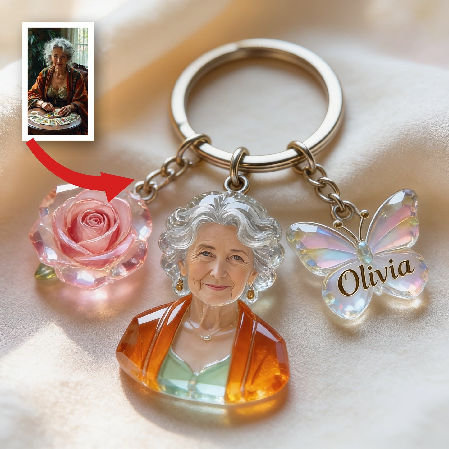Personalized Crystal Latina Grandma Portrait Keychain - Custom Name Rose Butterfly Charm Sentimental Gift for Grandmother