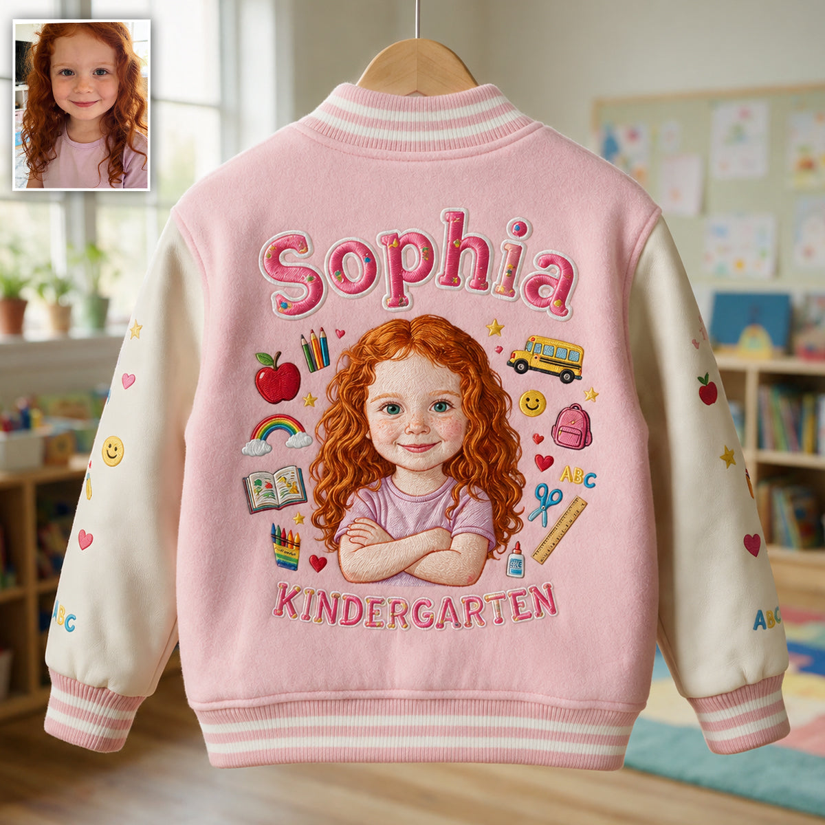 Custom Photo Latina Girl Pre-K Varsity Jacket Personalized Back To School Kid Gift Cute Pink Embroidered School Outerwear