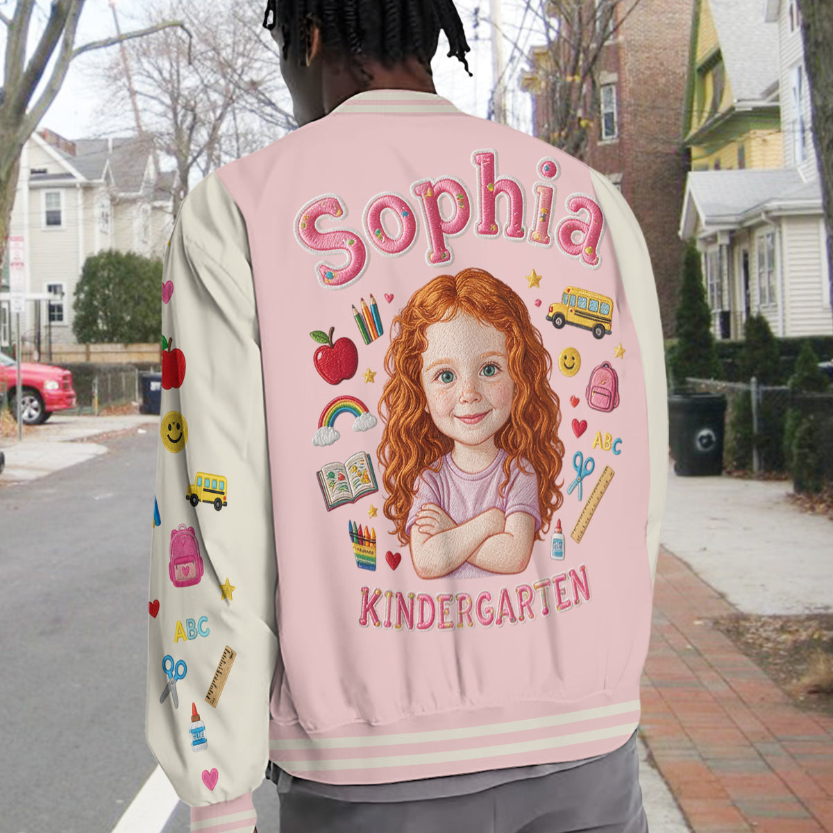 Custom Photo Latina Girl Pre-K Varsity Jacket Personalized Back To School Kid Gift Cute Pink Embroidered School Outerwear
