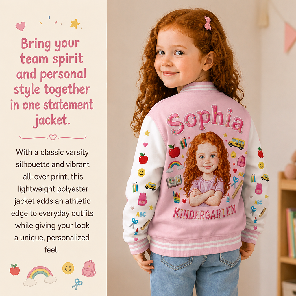 Personalized Little Boy Back To School Varsity Jacket Custom Photo Name Pre-K First Day Kid Gift Outfit