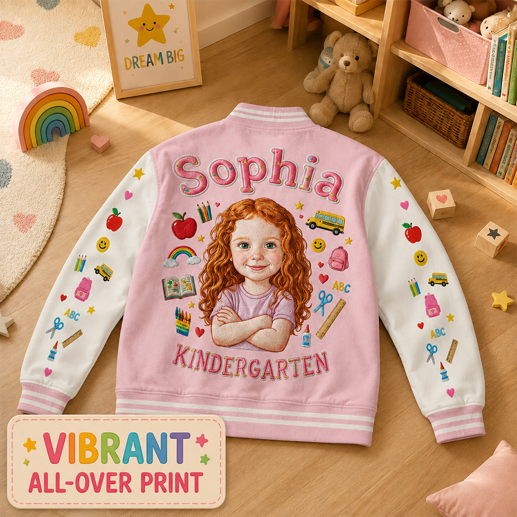 Personalized Little Boy Back To School Varsity Jacket Custom Photo Name Pre-K First Day Kid Gift Outfit