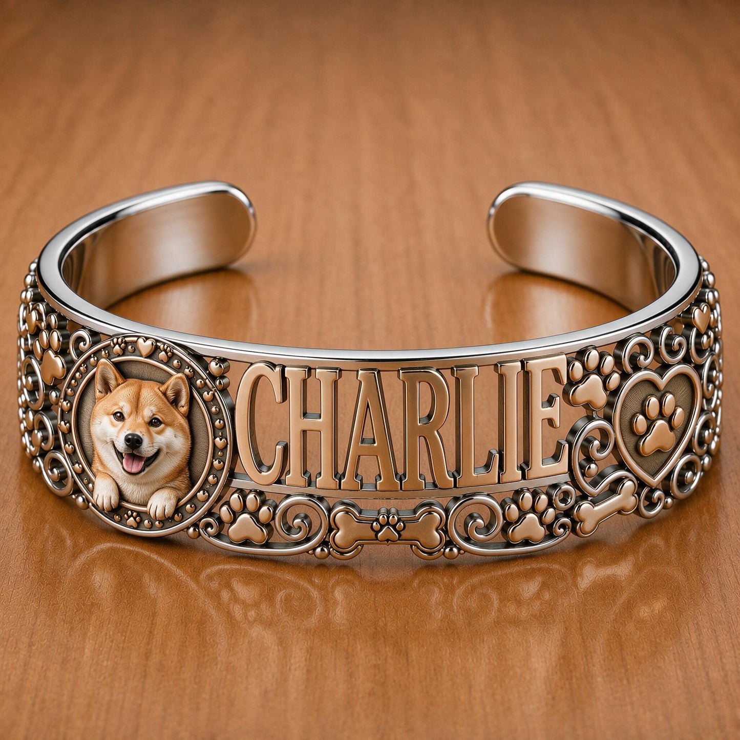 Personalized Smiling Tan Shiba Inu Cuff Bracelet Custom Name Jewelry Gift for Shiba Dog Lovers
