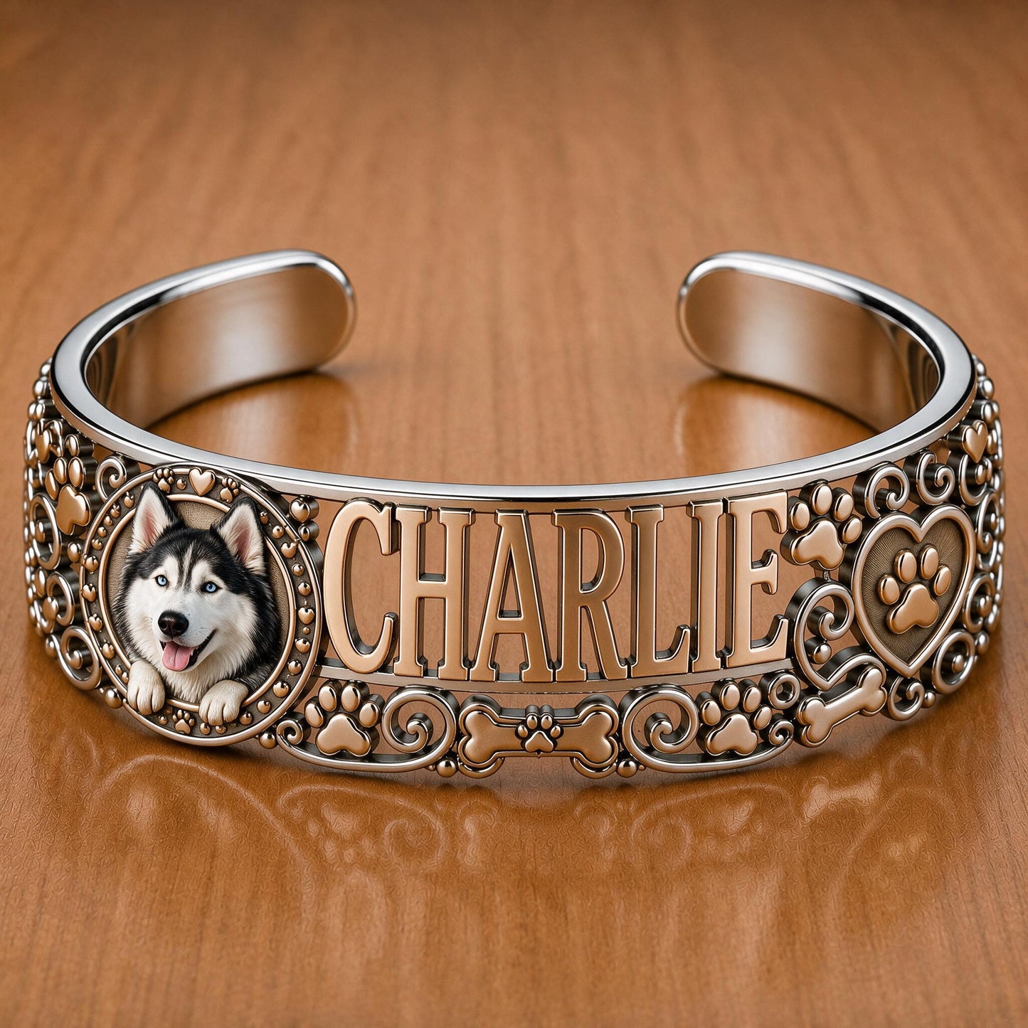 Personalized Siberian Husky Cuff Bracelet - Custom Name Jewelry Gift for Husky Lovers and Proud Dog Moms