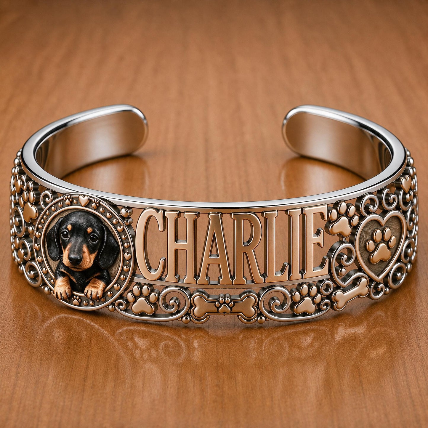 Personalized Black & Tan Dachshund Cuff Bracelet Custom Dog Name Jewelry Gift For Dachshund Mom Pet Lover