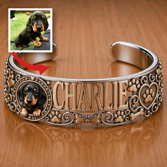 Personalized Black & Tan Dachshund Cuff Bracelet Custom Dog Name Jewelry Gift For Dachshund Mom Pet Lover