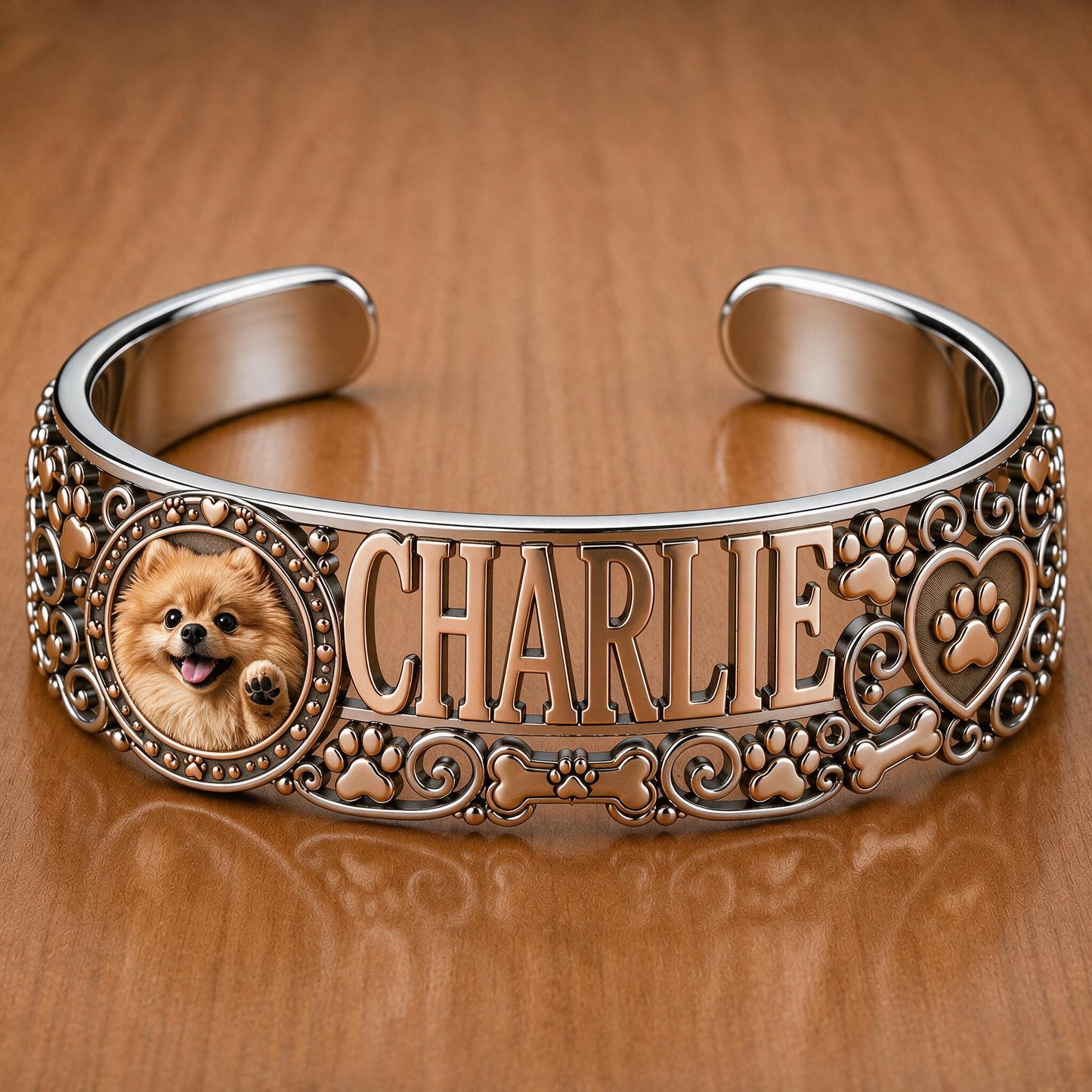 Personalized Fluffy Pomeranian Dog Cuff Bracelet Custom Name Jewelry Gift for Pomeranian Owners and Dog Moms