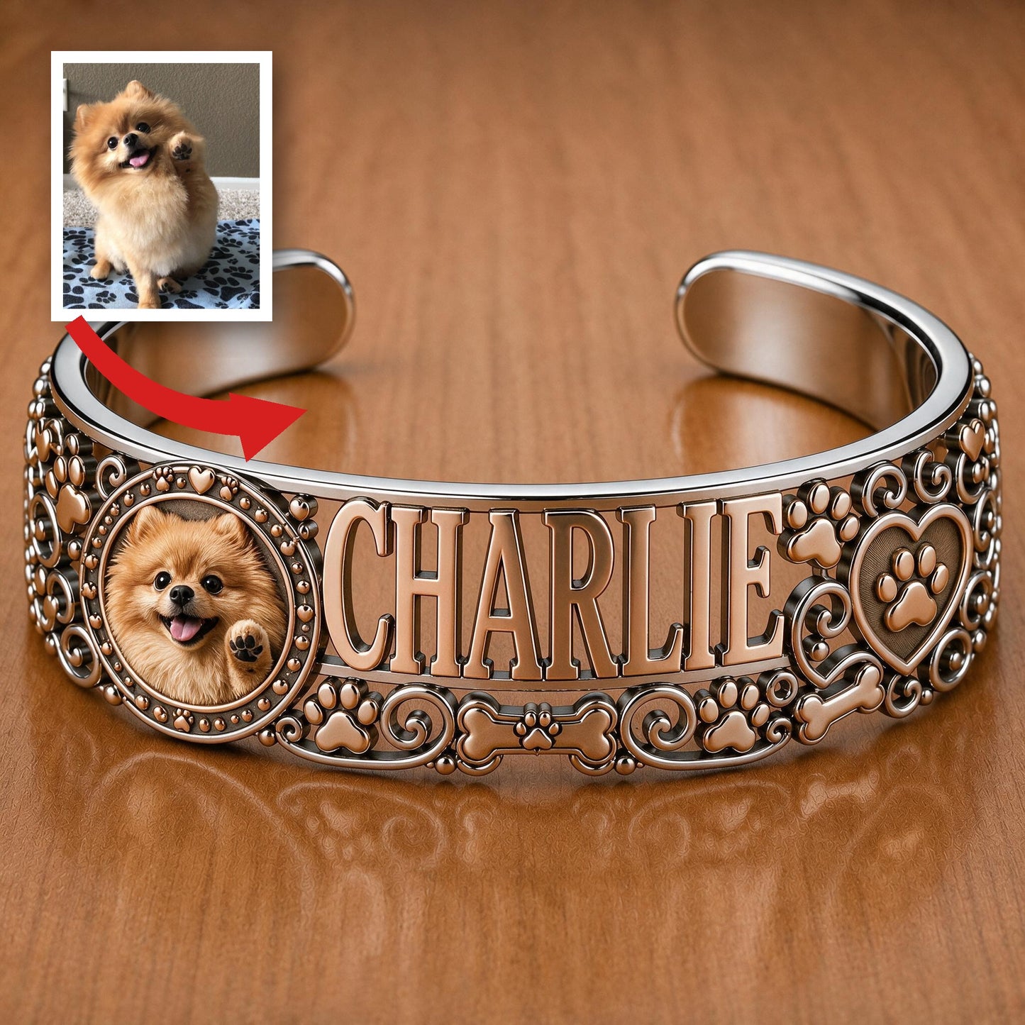 Personalized Fluffy Pomeranian Dog Cuff Bracelet Custom Name Jewelry Gift for Pomeranian Owners and Dog Moms