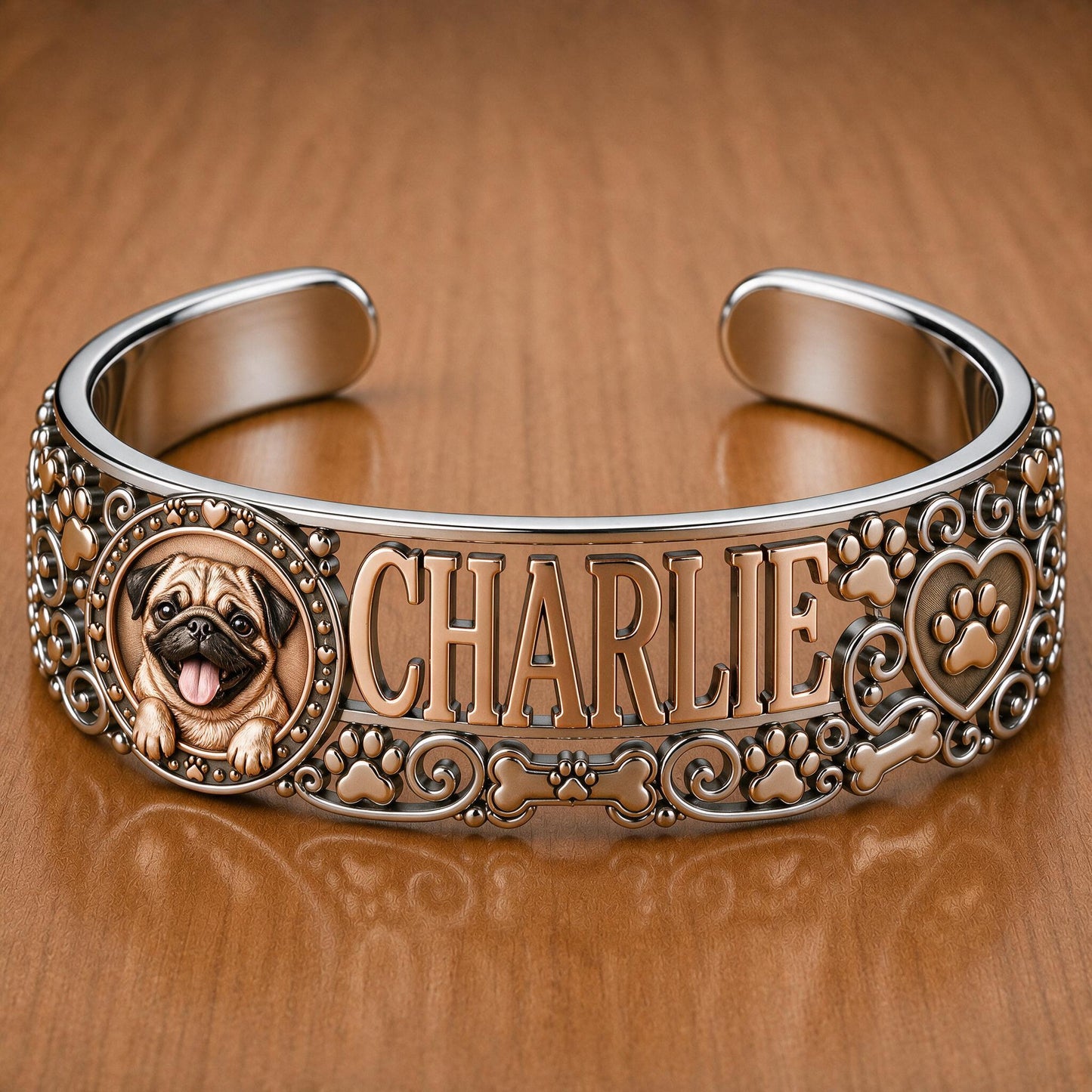 Personalized Cute Smiling Fawn Pug Cuff Bracelet Custom Name Jewelry Gift for Pug Lover Dog Mom Pet Owner