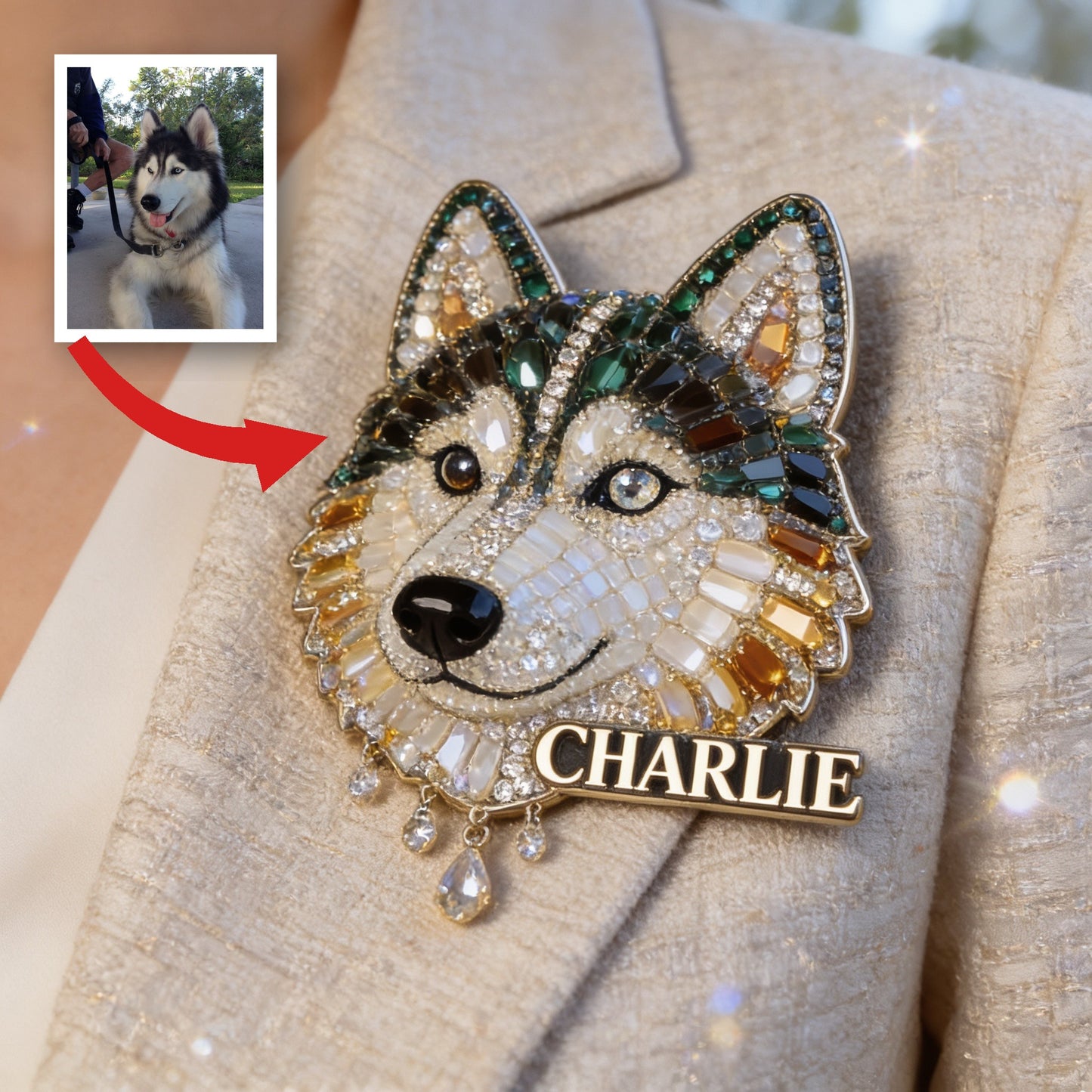 Personalized Bejeweled Siberian Husky Pin Custom Name Gift for Dog Lovers Jacket Backpack Accessory