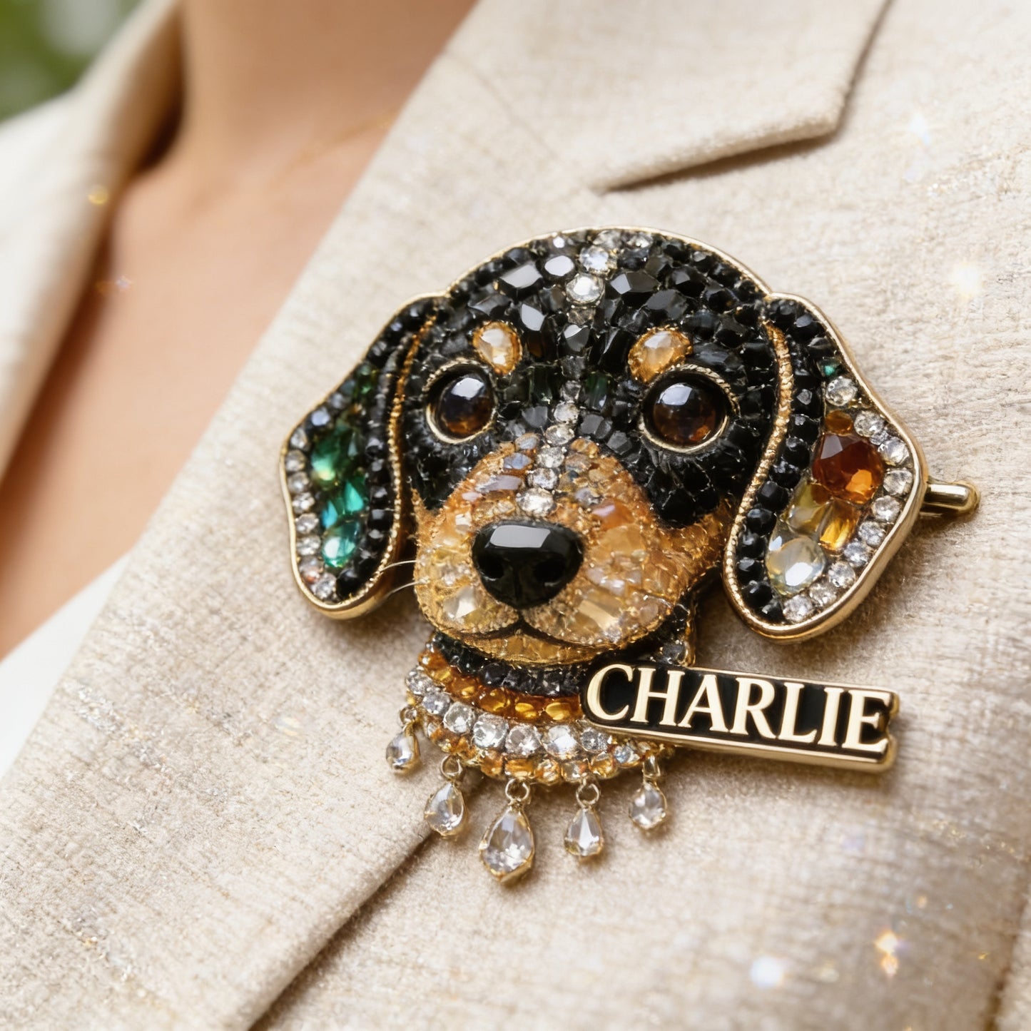 Personalized Rhinestone Short Legged Dachshund Pin, Unique Custom Gift for Dachshund Lovers Jacket Backpack Accessory