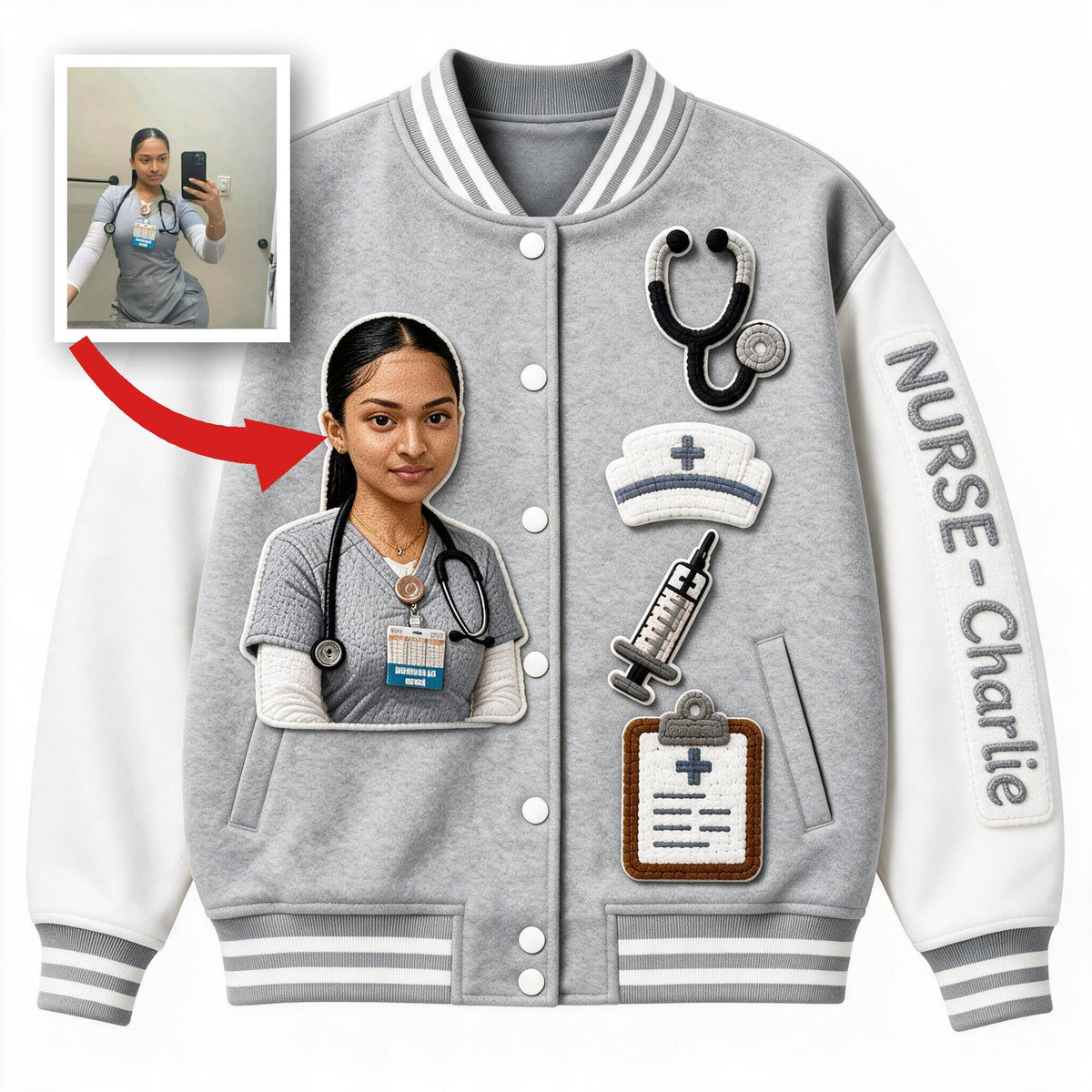 Personalized Photo Nurse Varsity Jacket Custom Nurse Life Appreciation Gift for Registered Nurses and Healthcare Workers
