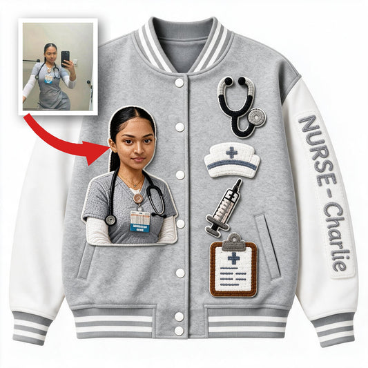 Personalized Photo Nurse Varsity Jacket Custom Nurse Life Appreciation Gift for Registered Nurses and Healthcare Workers