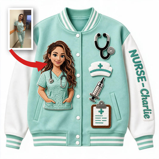 Personalized Latina Nurse Life Varsity Jacket Custom Embroidered RN Gift for Nursing Staff Healthcare Workers