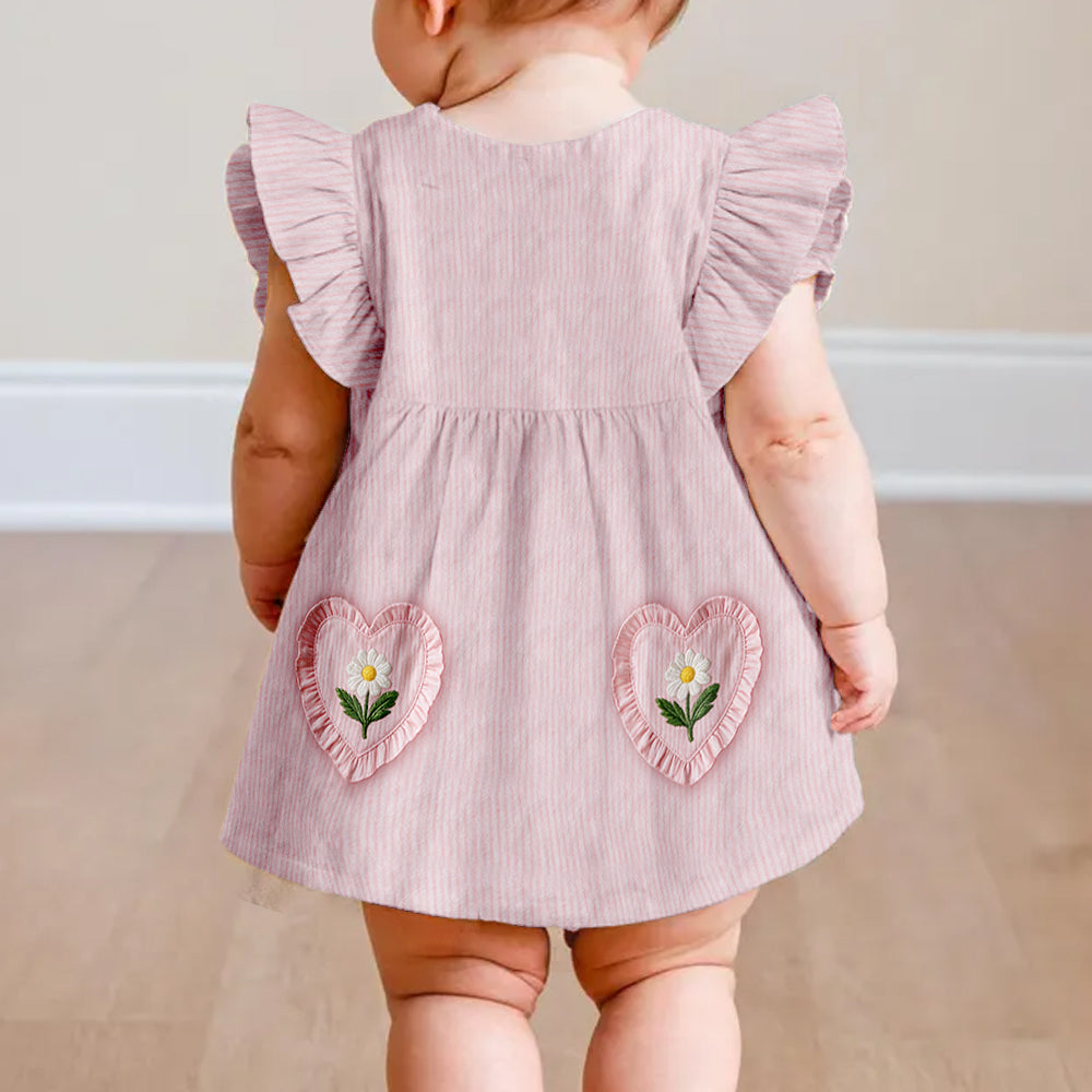 Personalized 4 Year Old Black Girl Pink Ruffle Sleeve Toddler Girl Dress, Custom Embroidered Little Girl Peony Design Keepsake Gift For Kids