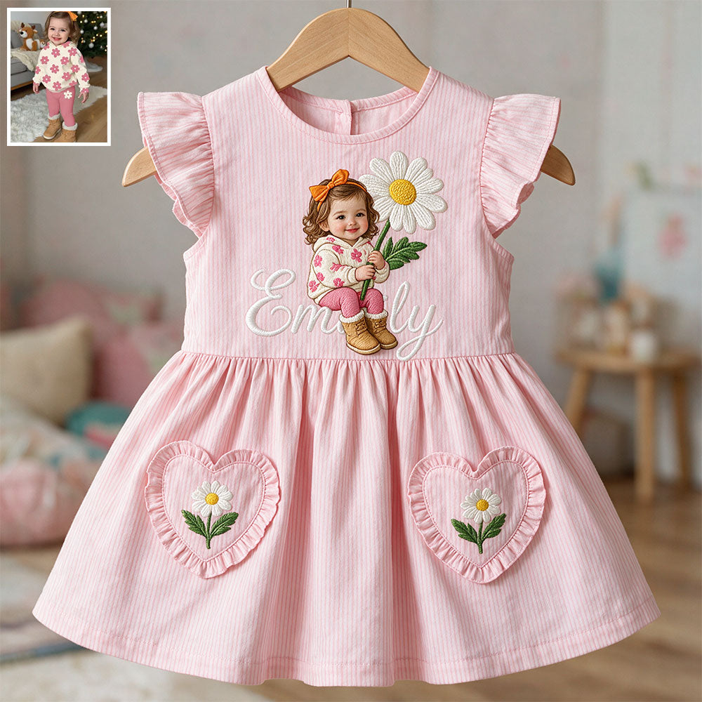 Personalized 4 Year Old Girl Pink Ruffle Sleeve Kids Dress, Cute Embroidered Little Girl Peony Design, Custom Birthday Gift for Girls