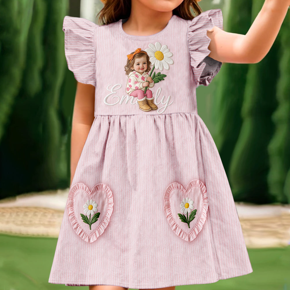 Custom Personalized 2 Year Old Girl Pink Ruffle Sleeve Toddler Dress, Embroidered Little Girl Peony Birth Flower Gift for Kids