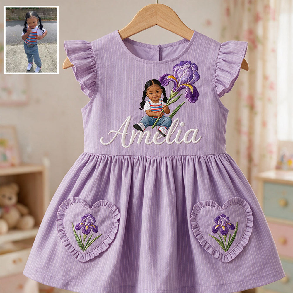Custom Personalized 2 Year Old Girl Pink Ruffle Sleeve Toddler Dress, Embroidered Little Girl Peony Birth Flower Gift for Kids
