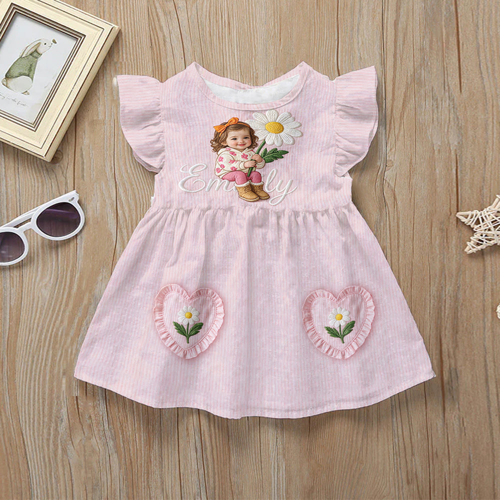 Custom Personalized 2 Year Old Girl Pink Ruffle Sleeve Toddler Dress, Embroidered Little Girl Peony Birth Flower Gift for Kids
