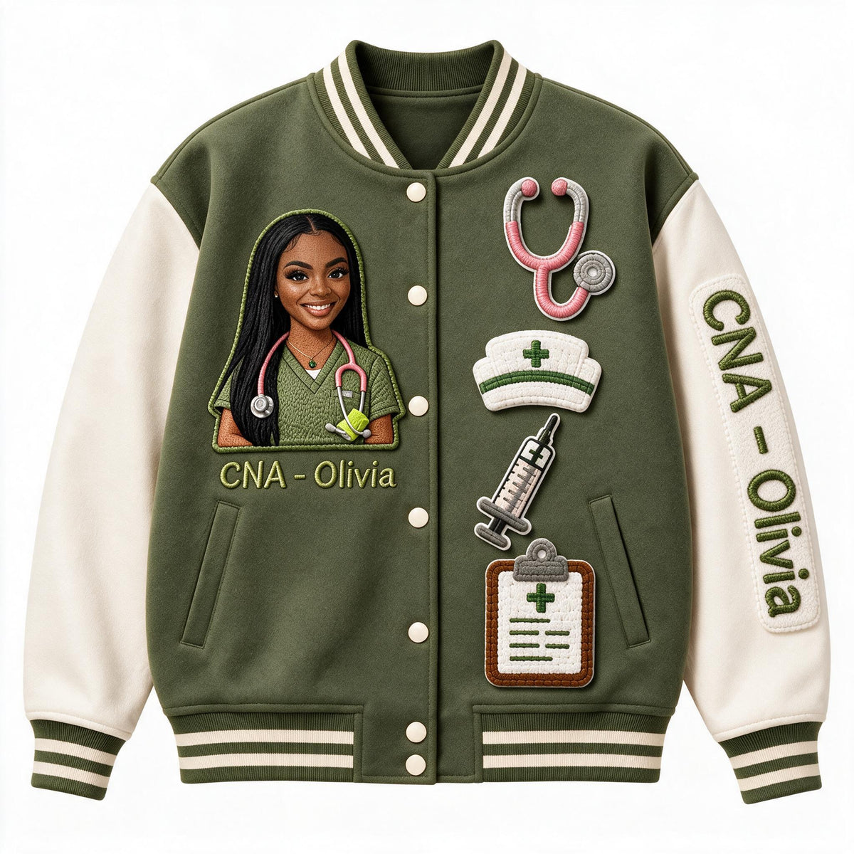 Personalized Black Nurse Varsity Jacket Custom Embroidered Healthcare Staff Appreciation Gift for CNA Nursing Professionals