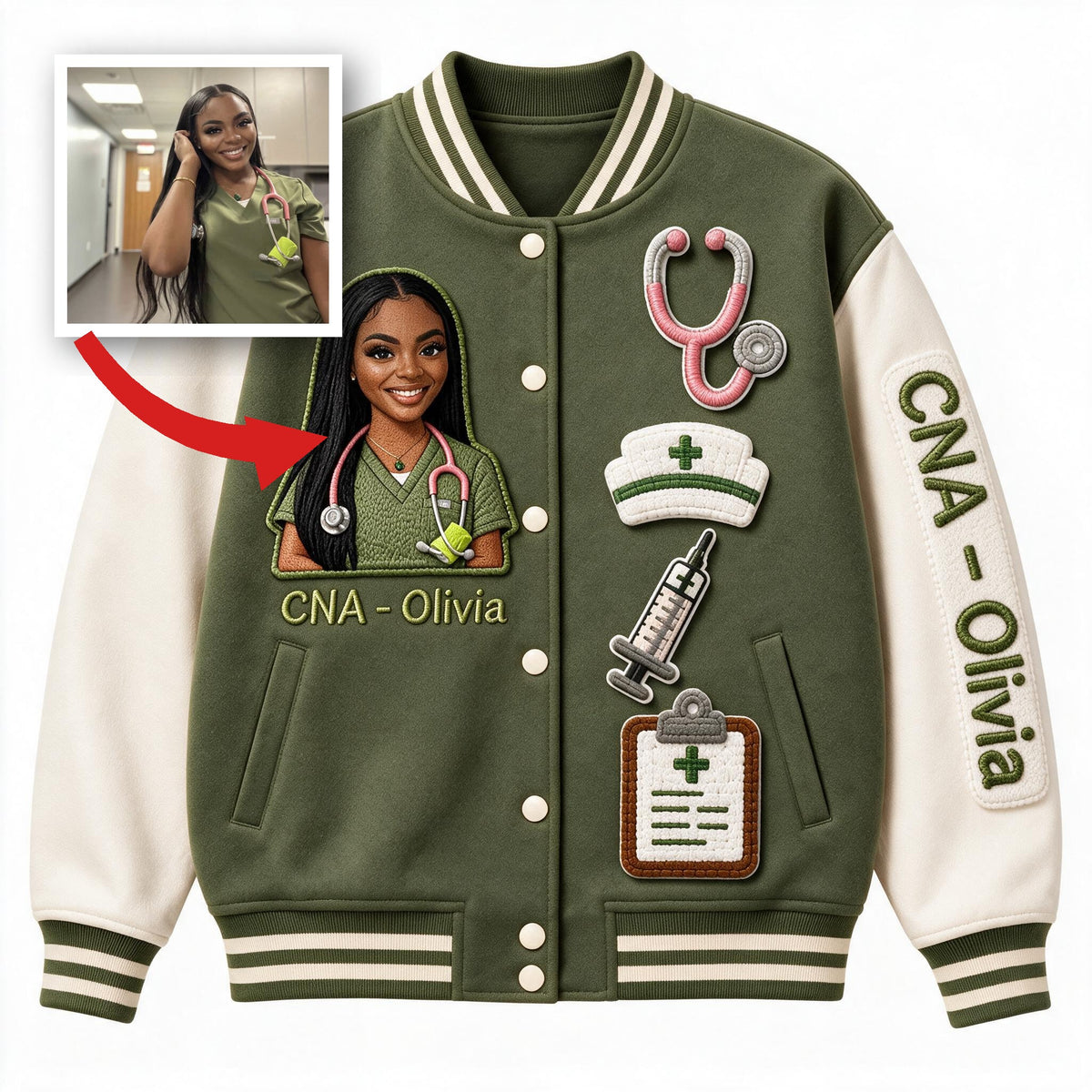 Personalized Black Nurse Varsity Jacket Custom Embroidered Healthcare Staff Appreciation Gift for CNA Nursing Professionals