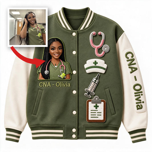 Personalized Black Nurse Varsity Jacket Custom Embroidered Healthcare Staff Appreciation Gift for CNA Nursing Professionals